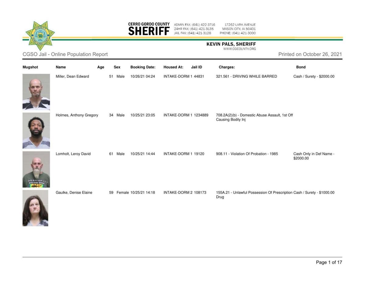 Cerro Gordo County Jail log for Oct. 26