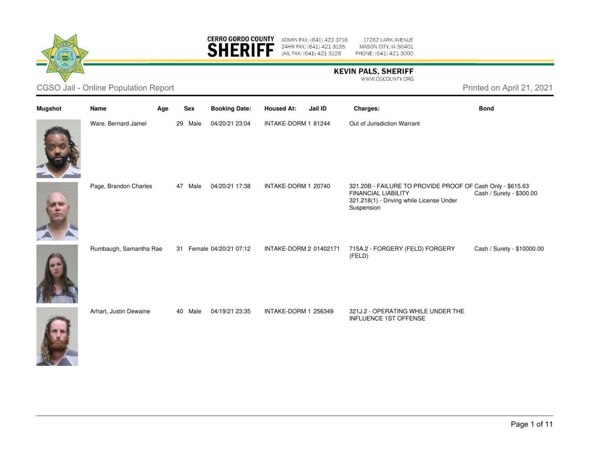 Cerro Gordo County Jail log for April 21