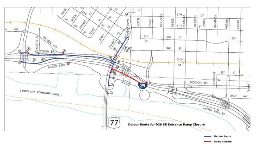 Southbound I-29 on-ramp at westbound Wesley Parkway/Eastbound Business U.S. 20 will close Sunday, Sept. 27