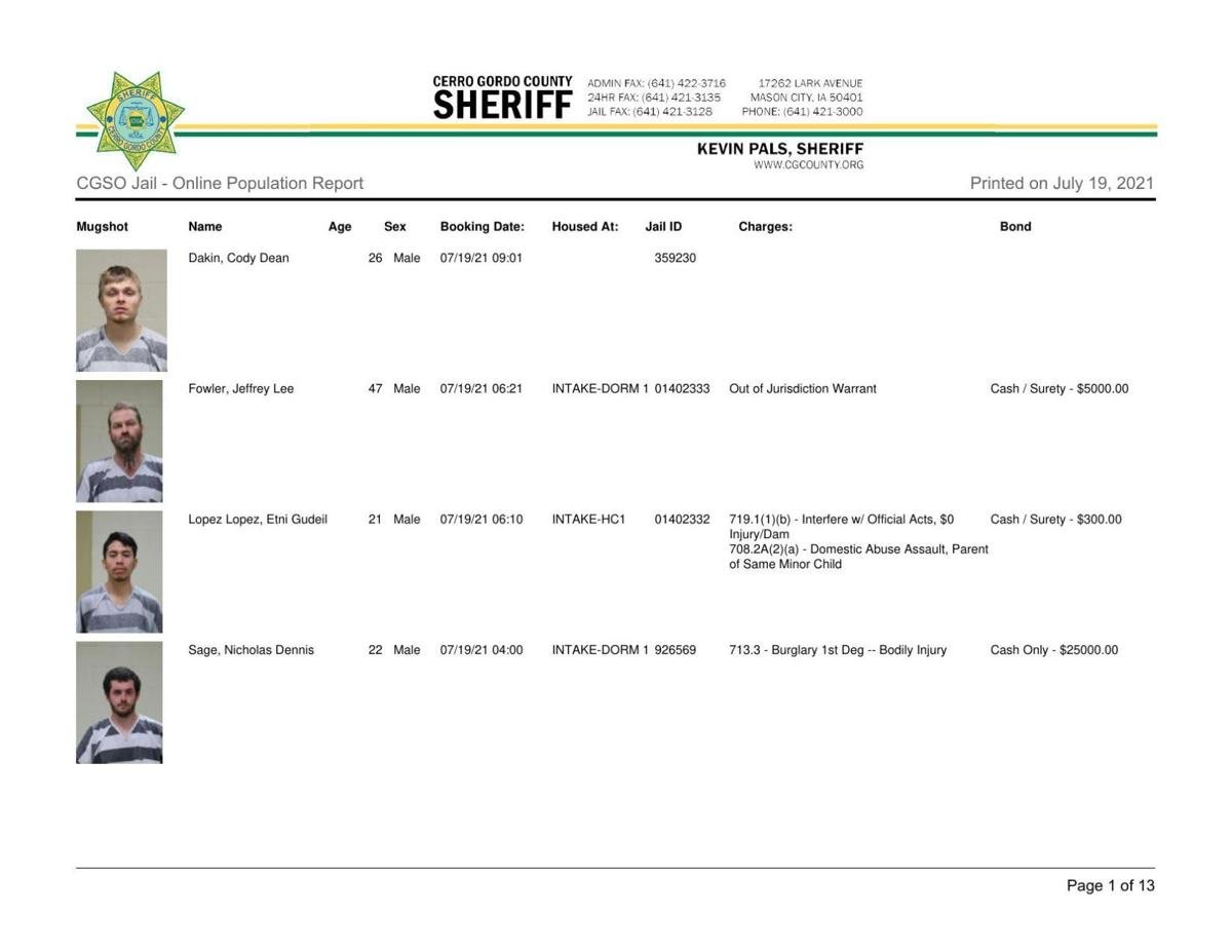 Cerro Gordo County Jail log for July 19