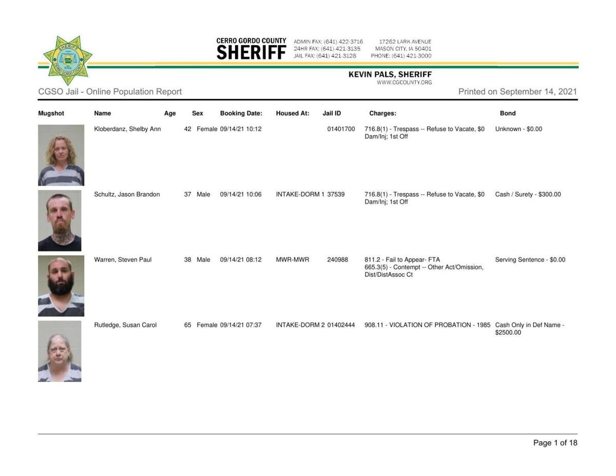 Cerro Gordo County Jail log for September 14