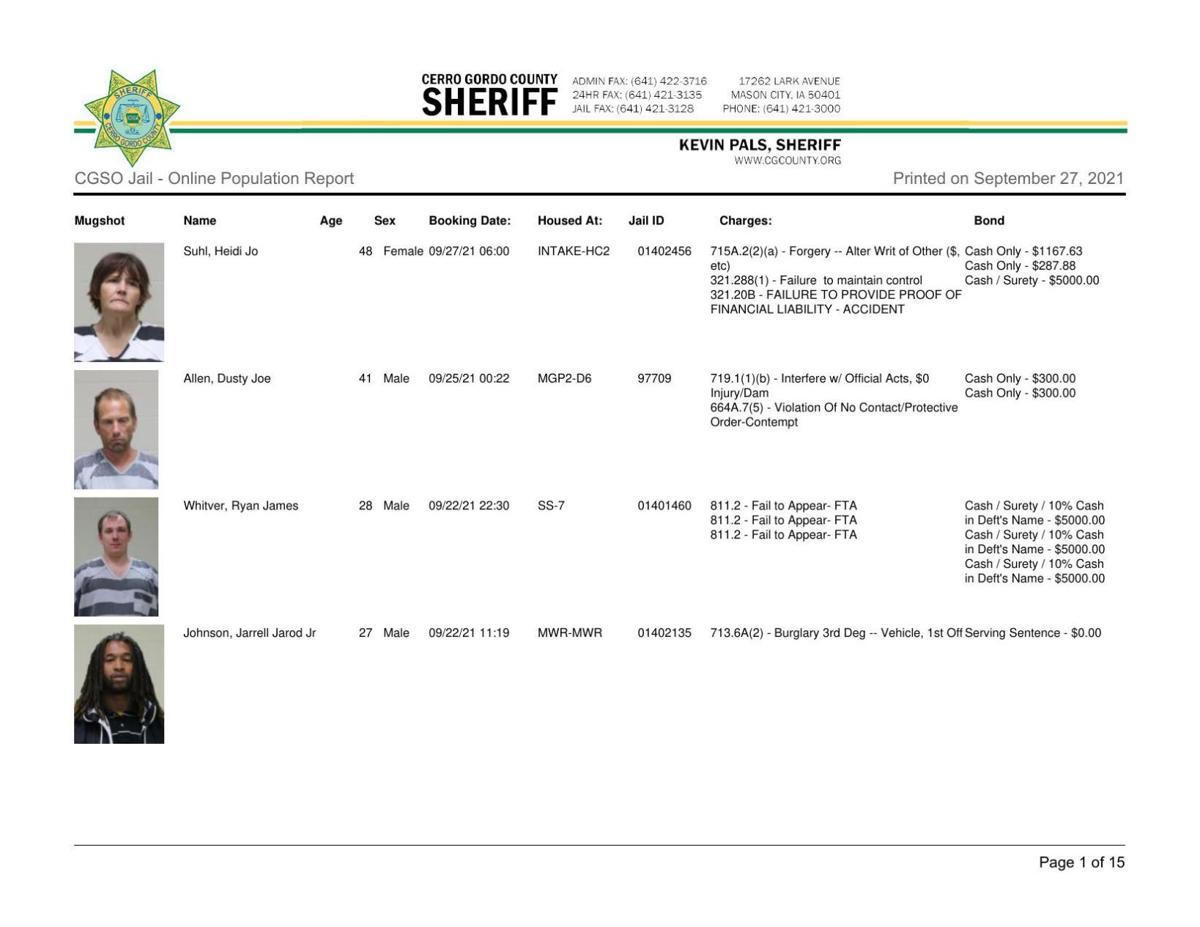 Cerro Gordo County Jail log for September 27