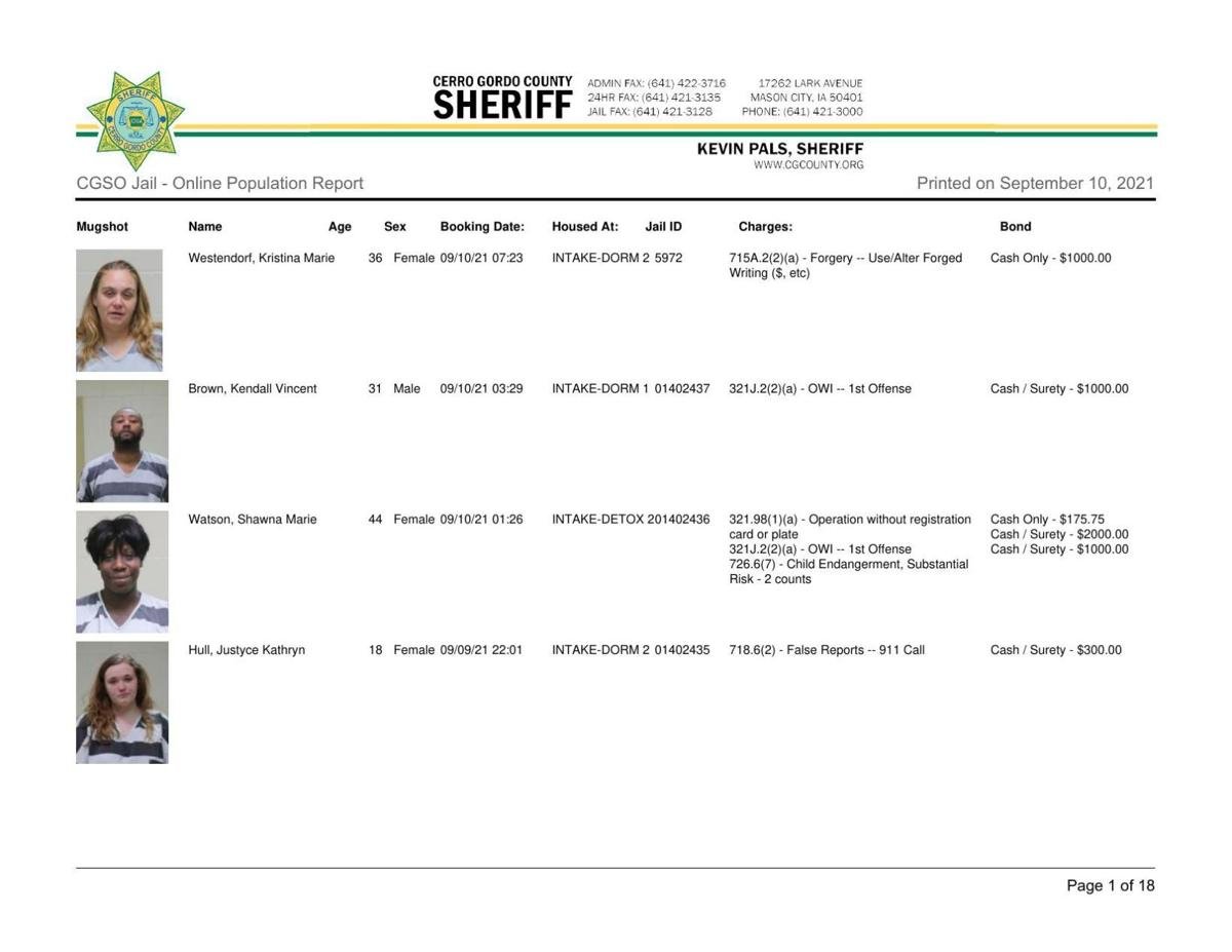 Cerro Gordo County Jail log for September 10