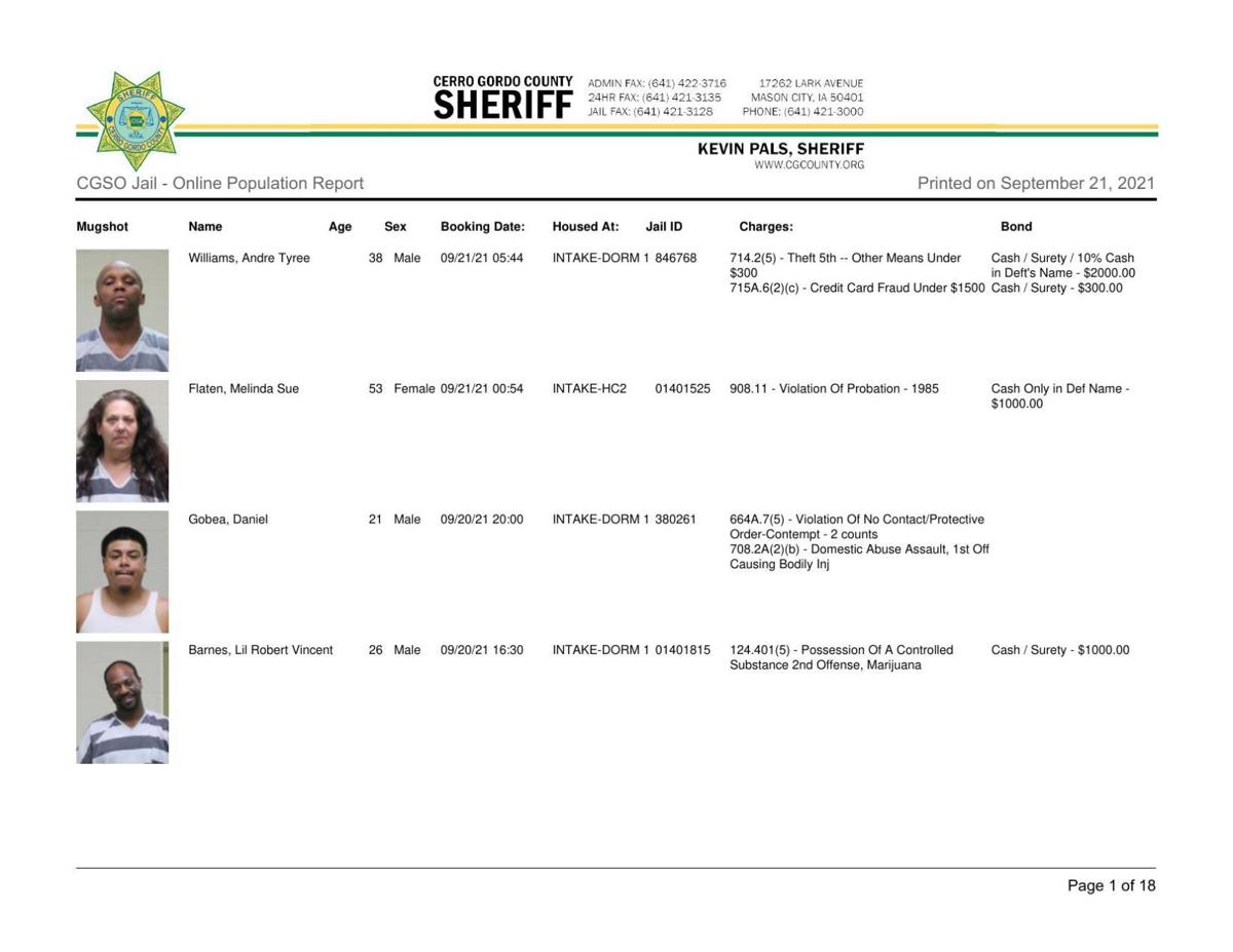 Cerro Gordo County Jail log for September 21