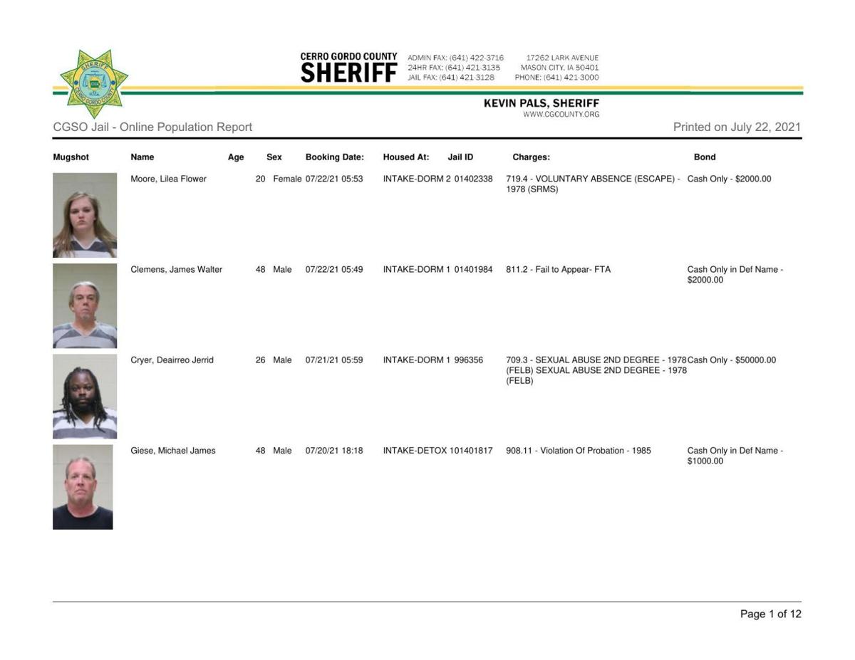 Cerro Gordo County Jail log for July 22