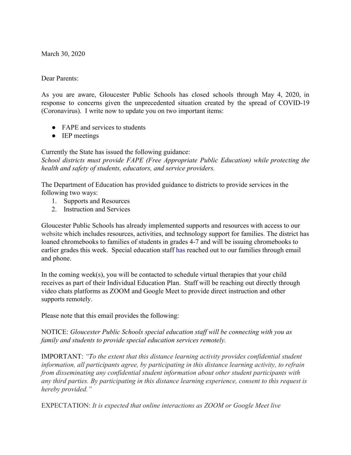 Letter To Gloucester School Parents March 30 Gloucestertimes Com