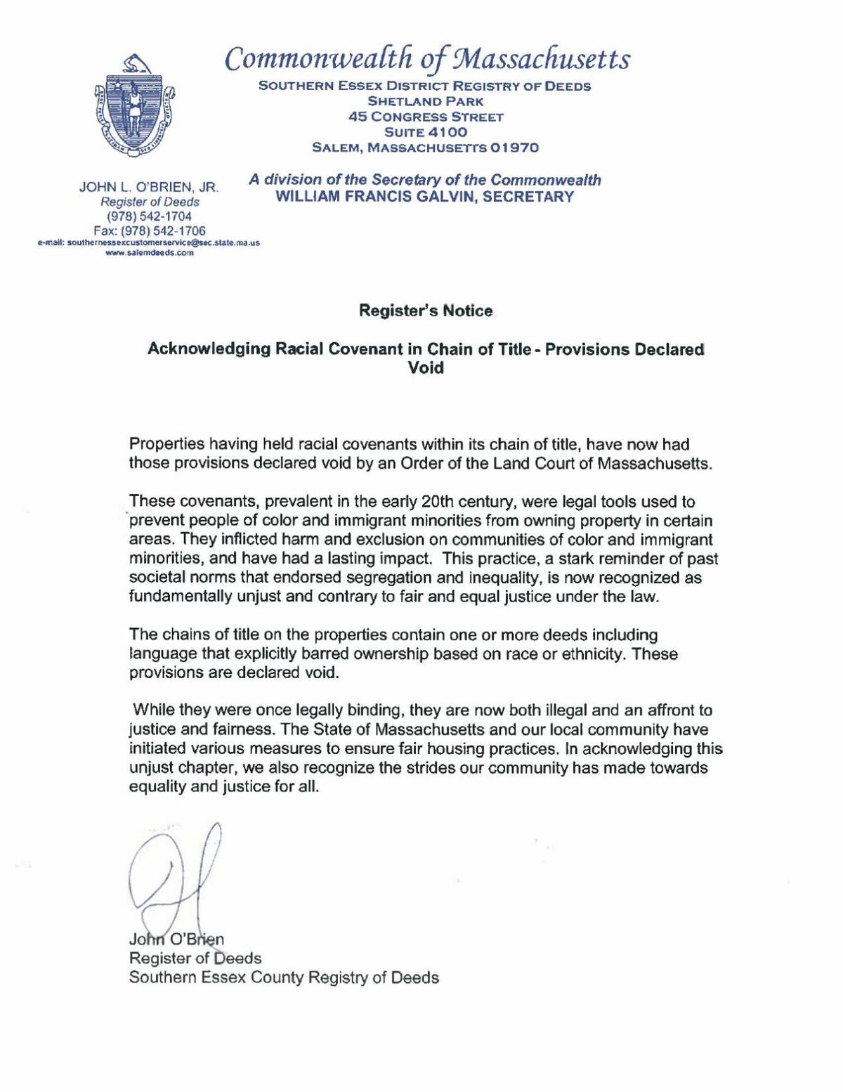 Register's notice of racial covenants in deeds