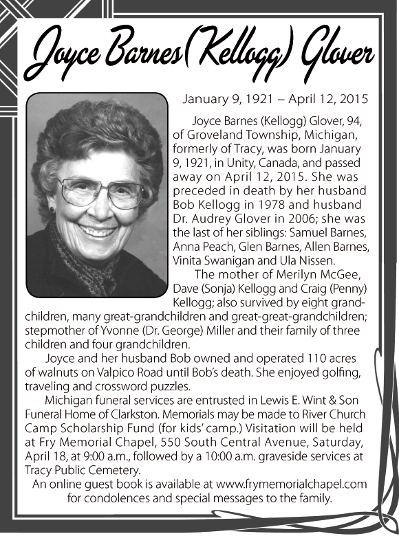 Joyce Barnes Kellogg Glover Tracy Press Obituaries