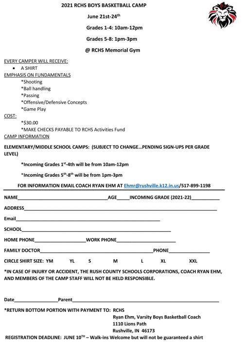 2021 Rushville Lions Youth Basketball Camp