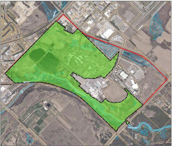 Aerial view of proposed cultural heritage district, highlighted in green