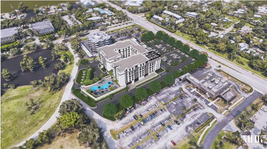 8-story hotel rendering aerial w pool view