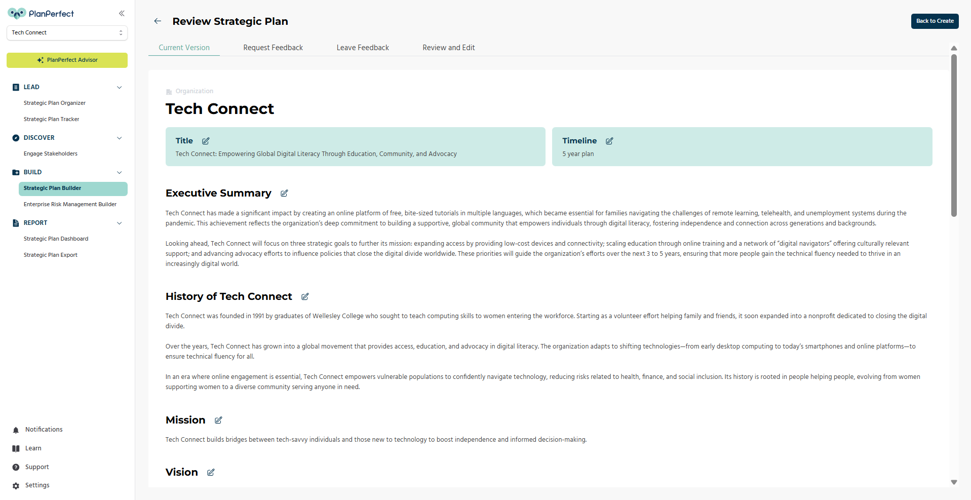 PlanPerfect allows nonprofits to draft, review, and refine a complete strategic plan