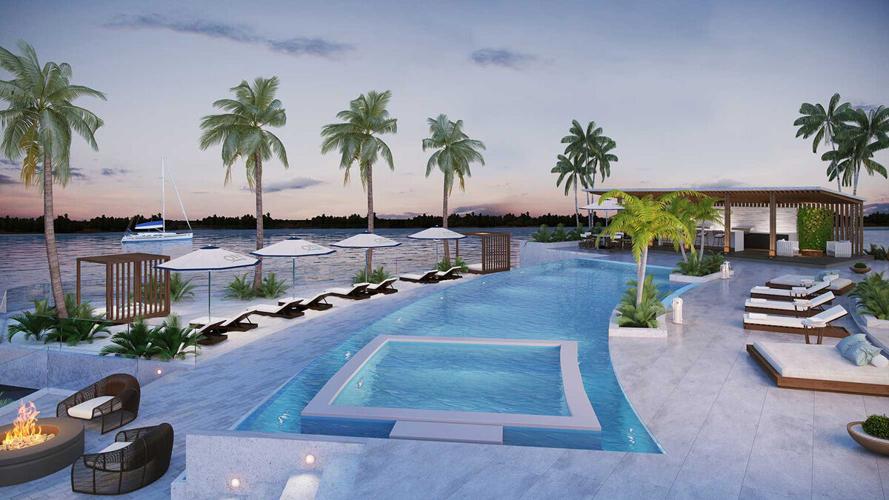 Riverfront pool deck highlights luxury amenities