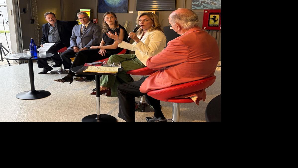 from left, Tim Aten, Dr. Jim Buonavolonta, Vivian Grimes, Claudine Leger-Wetzel with the microphone, Phll McCabe.jpeg
