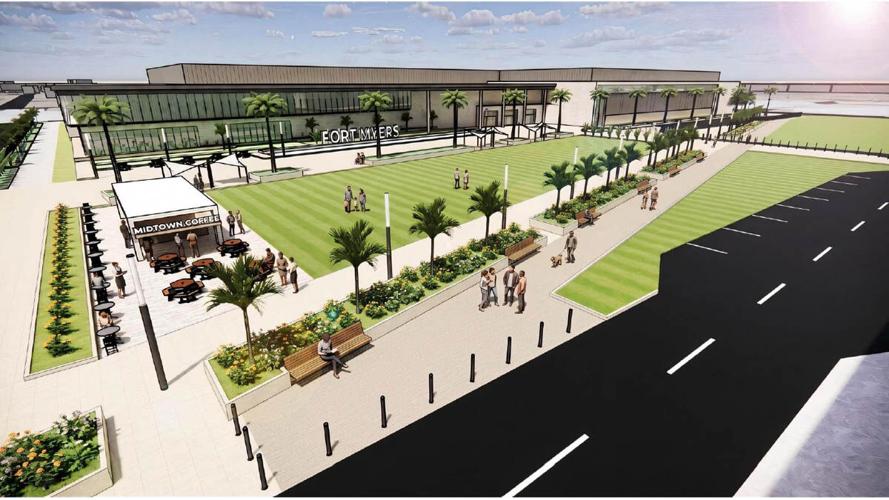 Rendering shows proposed Midtown fieldhouse plaza