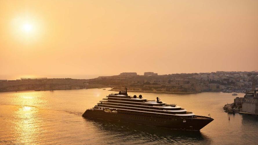 The Ritz-Carlton Yacht Collection’s Evrima sails along the Mediterranean coast as part of a 14-night European escape offered as a live auction lot at the Naples Winter Wine Festival on Jan. 31, 2026.
