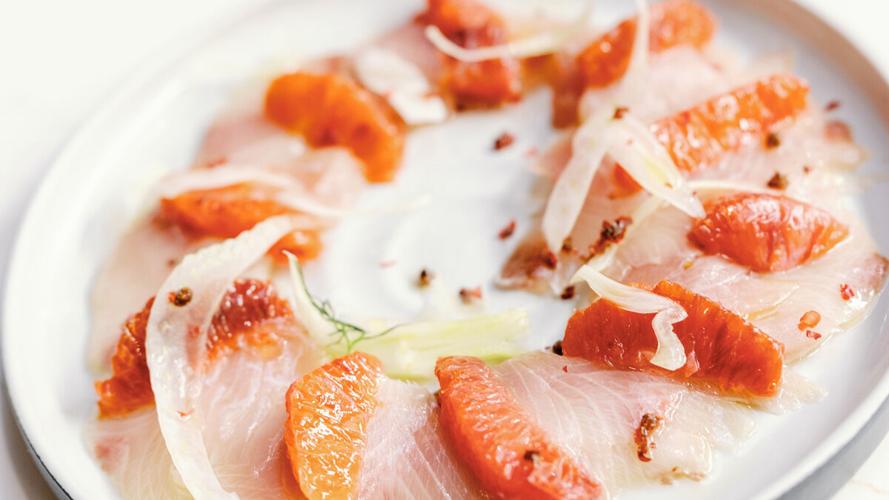 Hamachi crudo with citrus and blood orange at Vybe