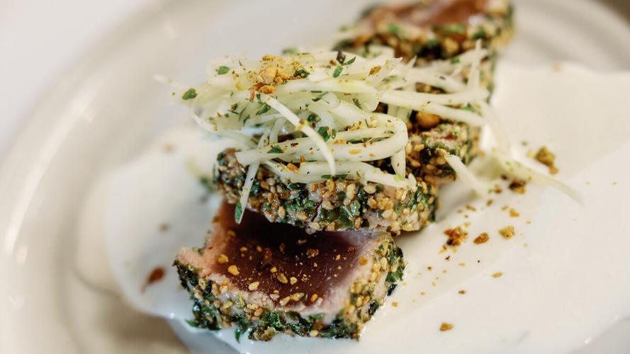 Furikake Crusted Tuna, Ginger Lime Yogurt, Mango, Papaya Slaw, Pistachio Crumble.jpg