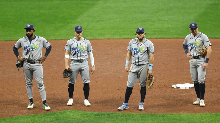 The Tampa Bay Rays infield looks on during a pitching change in the seventh inning against the Milwaukee Brewers in Game 1 of the 2026 World Series at American Family Field in Milwaukee.