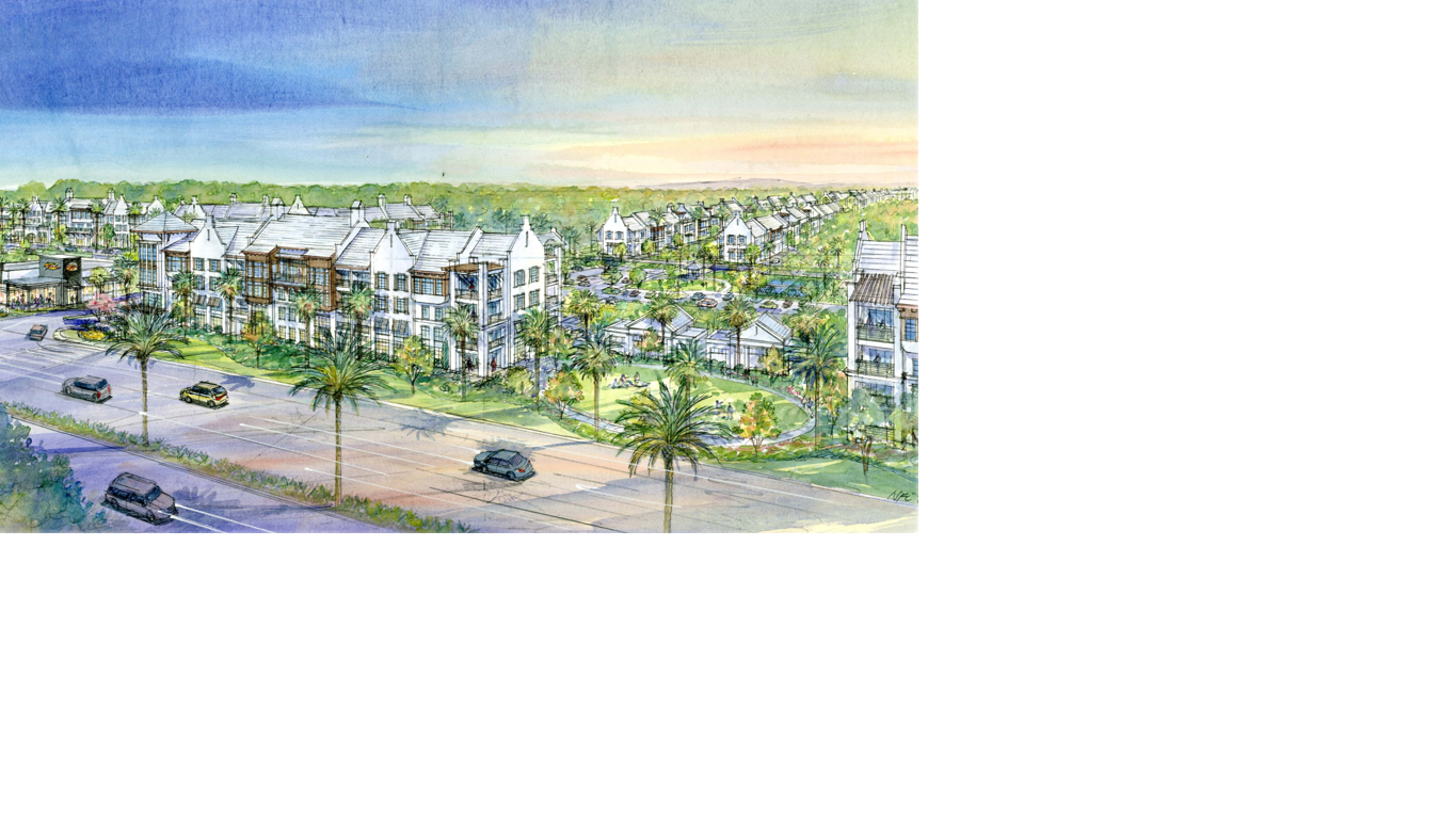 A rendering shows planned commercial space, multifamily housing and townhomes for a proposed mixed-use development at Davis and Santa Barbara boulevards in East Naples. The project includes retail space, residences and green space.