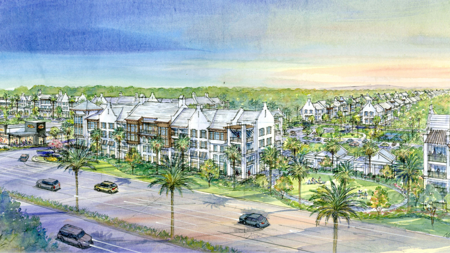 A rendering shows planned commercial space, multifamily housing and townhomes for a proposed mixed-use development at Davis and Santa Barbara boulevards in East Naples. The project includes retail space, residences and green space.