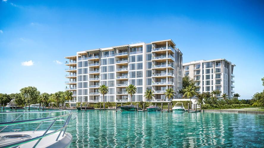 A rendering shows 3300 Gulf Shore, Kolter Urban’s planned eight-story development in Naples. The project will feature 51 residences and a private 16-slip marina at the former Executive Club site.