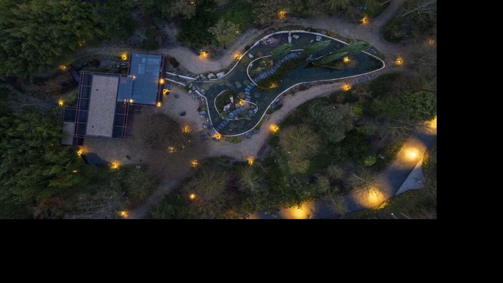 An aerial view of the tranquil gardens at Vega Sicilia in Valbuena de Duero, Spain, where two couples will enjoy a private VIP tour, tasting and multi-course lunch as part of a five-night luxury culinary and wine experience through Spain’s Ribera del Duero and Basque Country regions.