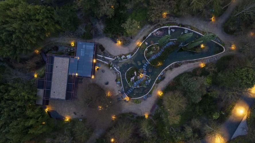 An aerial view of the tranquil gardens at Vega Sicilia in Valbuena de Duero, Spain, where two couples will enjoy a private VIP tour, tasting and multi-course lunch as part of a five-night luxury culinary and wine experience through Spain’s Ribera del Duero and Basque Country regions.