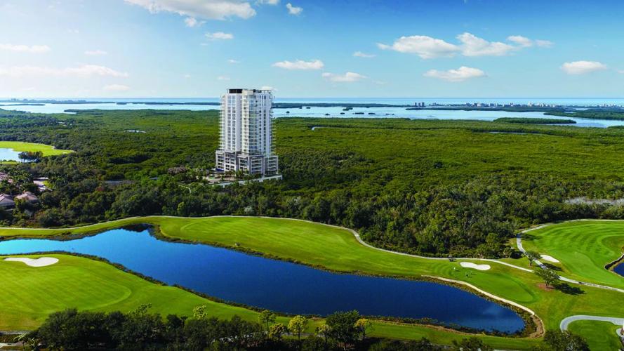 Aerial illustration shows The Island at West Bay Club in Estero