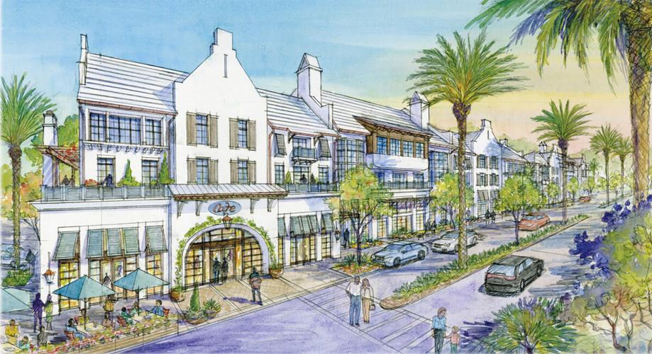 A rendering shows planned commercial space, multifamily housing and townhomes for a proposed mixed-use development at Davis and Santa Barbara boulevards in East Naples.