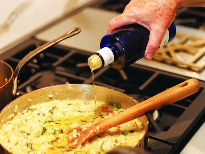 Olive oil finishes Aielli’s shrimp-and-zucchini risotto