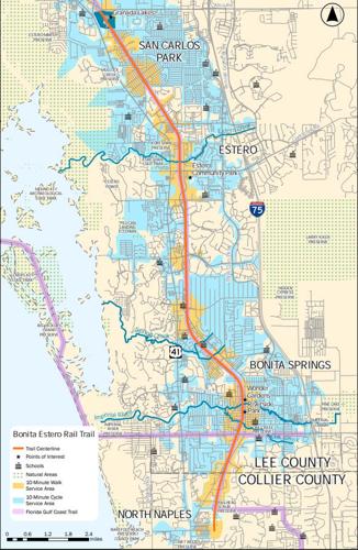 Map shows route of Bonita Estero Rail Trail corridor