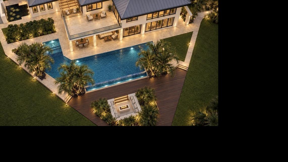 Magnolia Model birds eye view firepit and outdoor living