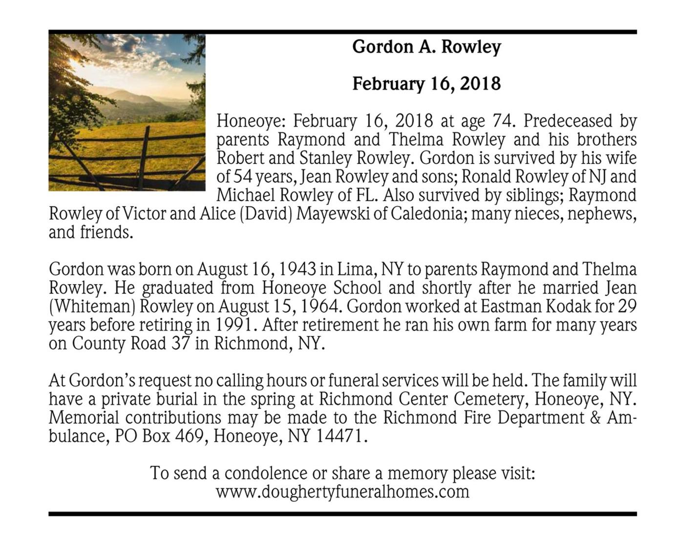 Gordon A Rowley February 16 2018 Passages Obituaries Gvpennysaver Com