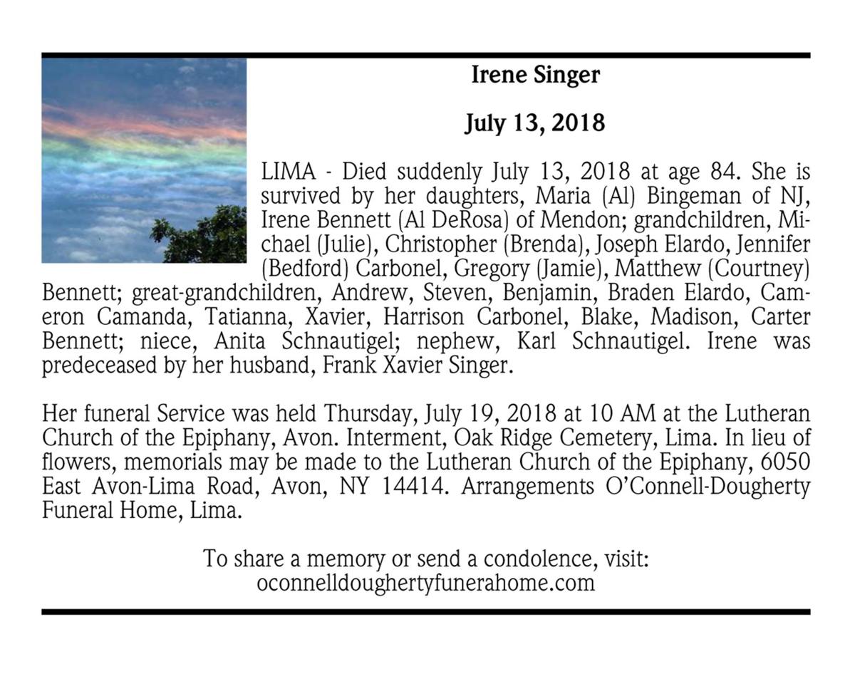 Irene Singer July 13 2018 Passages Obituaries