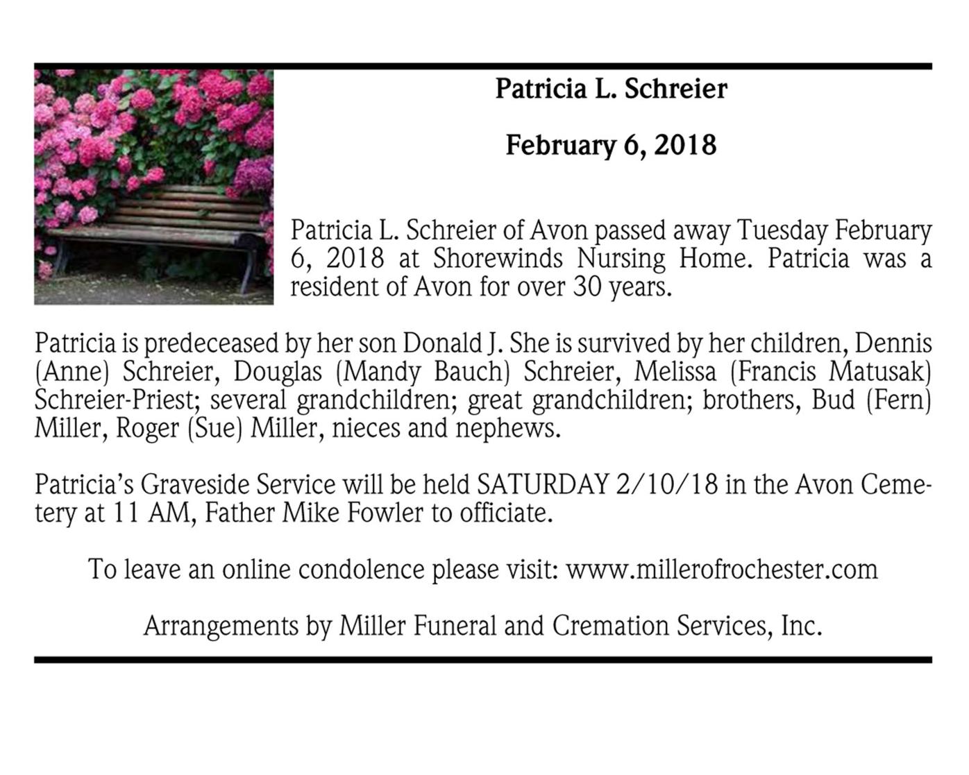 Patricia L. Schreier ~ February 6, 2018