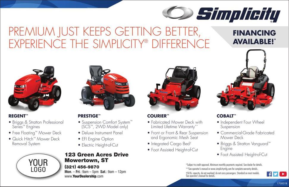 SIMPLICITY DEALERS TO ADVERTISE FINANCING OFFERS/NEW MOWERS Advertise