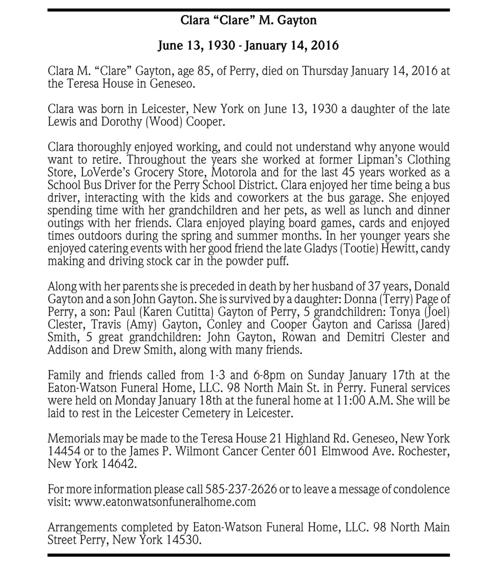 Clara Clare M Gayton January 14 2016 Passages Obituaries Gvpennysaver Com