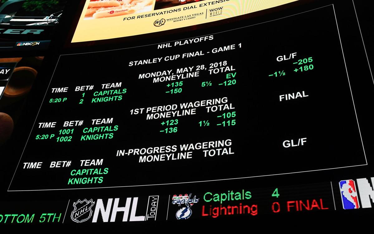 The betting line for Game One of the Stanley Cup Final shows the Vegas Golden Knights favored over the Washington Capitals at the Race & Sports SuperBook at the Westgate Las Vegas Resort & Casino on May 23, 2018 in Las Vegas, Nev.