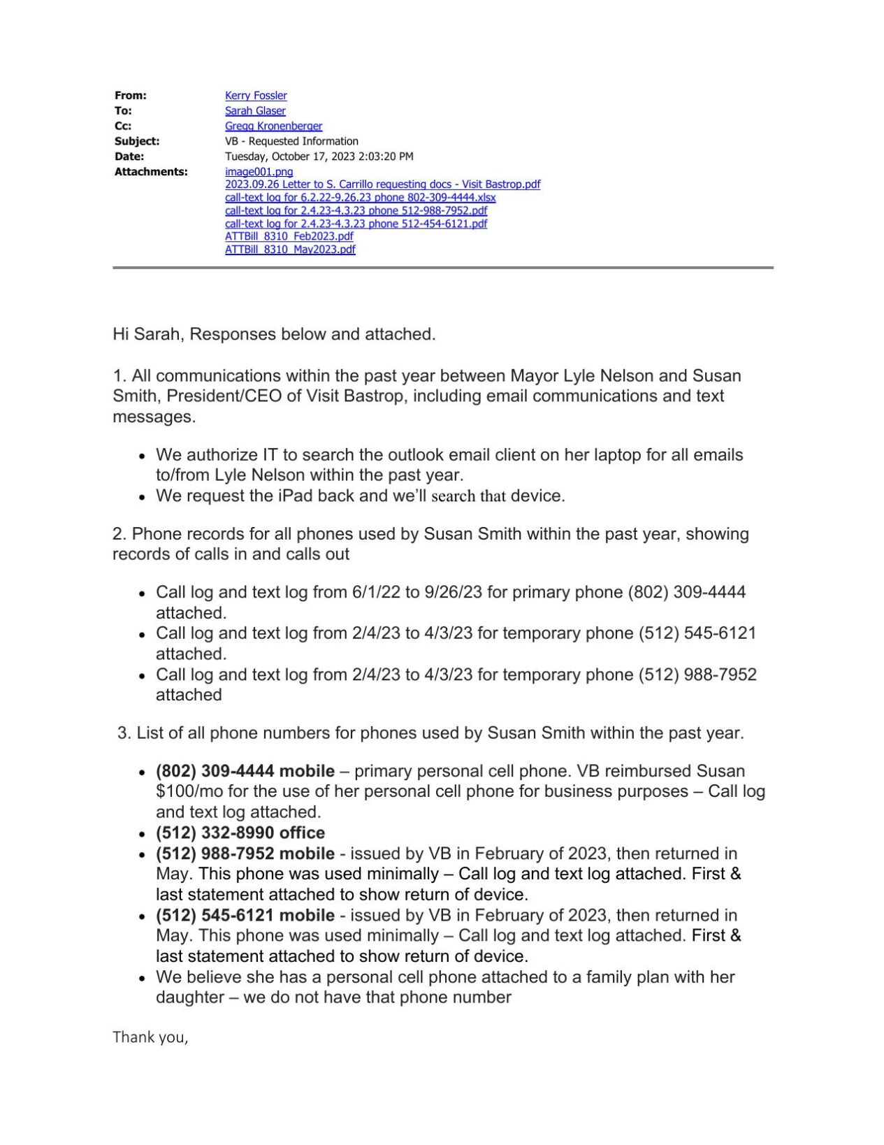 Visit Bastrop Phone records between Susan Smith and Bastrop Mayor Lyle