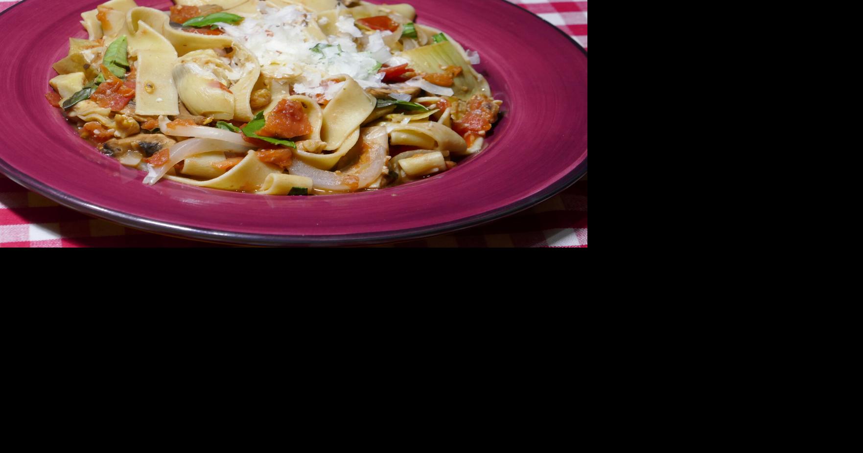 Pappardelle with artichoke hearts and mushrooms is a quick veggie