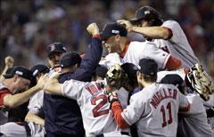 Boston Red Sox catcher Jason Varitek jumps into the arms of pitcher Keith  Foulke after the final out of game four of the World Series beating the St.  Louis Cardinals 3-0 at