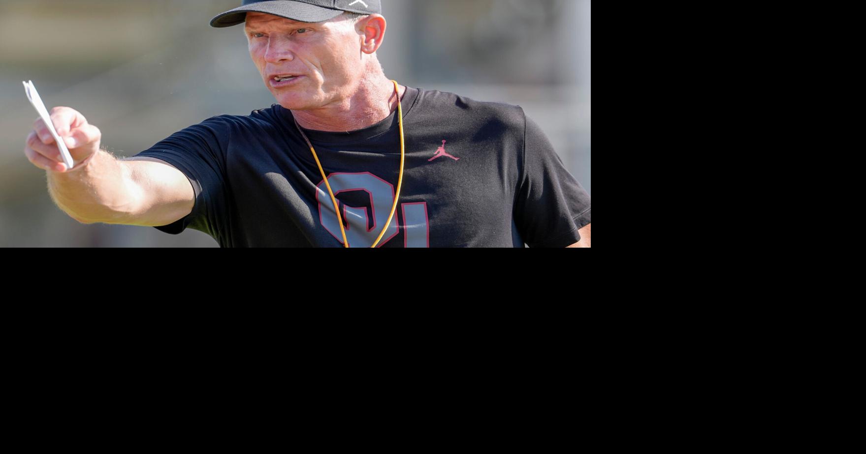 Oklahoma head coach Brent Venables runs drills during an OU Football practice in Norman, Okla., on Tuesday, Aug. 11, 2026.