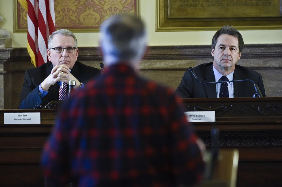 Attorney General Tim Fox, left, and Gov. Steve Bullock listen to testimony