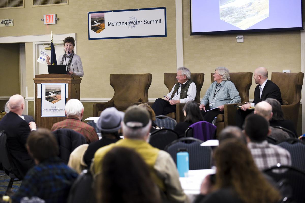 Former state legislator Dorothy Bradley, left, speaks on a panel Thursday along side Steve Doherty, Lorents Grosfield, Chas Vincent during the first ever Montana Water summit in Helena.