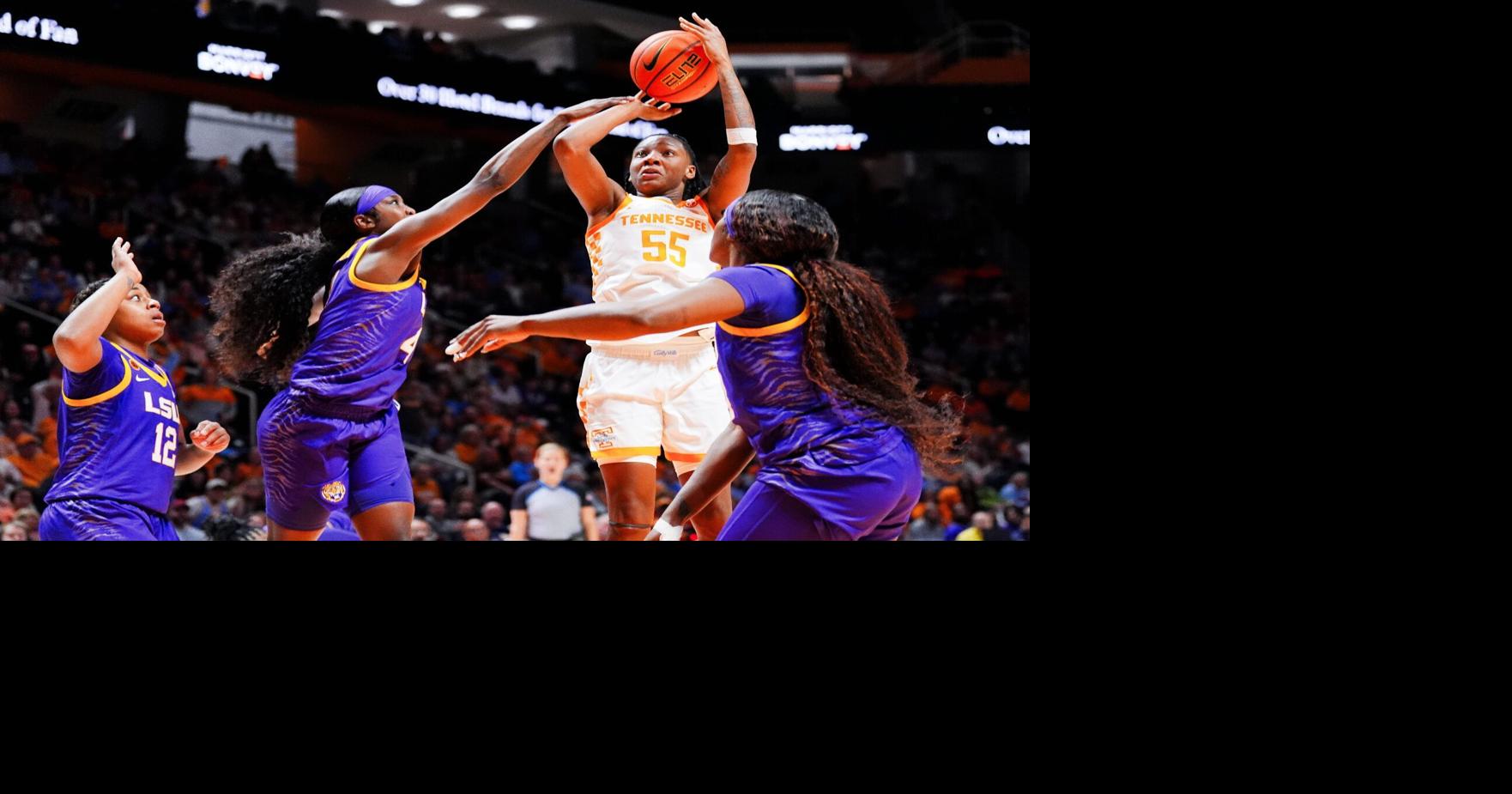 Tennessee guard Talaysia Cooper (55) attempts a shot past LSU guard Flau'Jae Johnson (4) during a women's college basketball game between the Lady Vols and LSU at Thompson-Boling Arena at Food City Center on Thursday, Jan. 9, 2025.