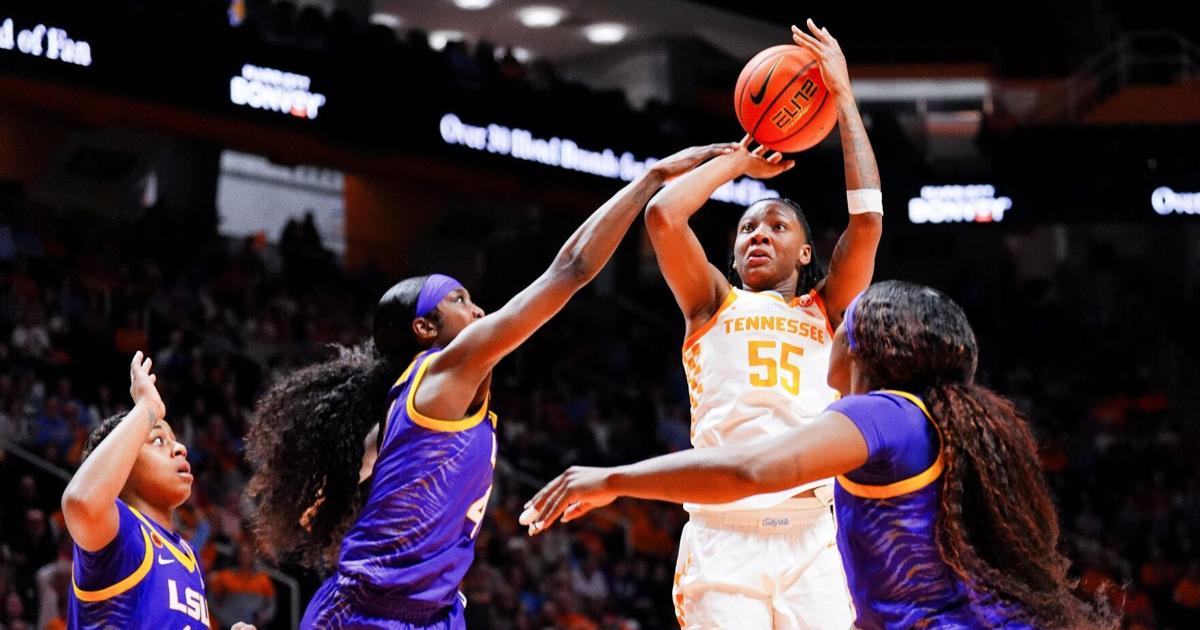 Tennessee guard Talaysia Cooper (55) attempts a shot past LSU guard Flau'Jae Johnson (4) during a women's college basketball game between the Lady Vols and LSU at Thompson-Boling Arena at Food City Center on Thursday, Jan. 9, 2025.