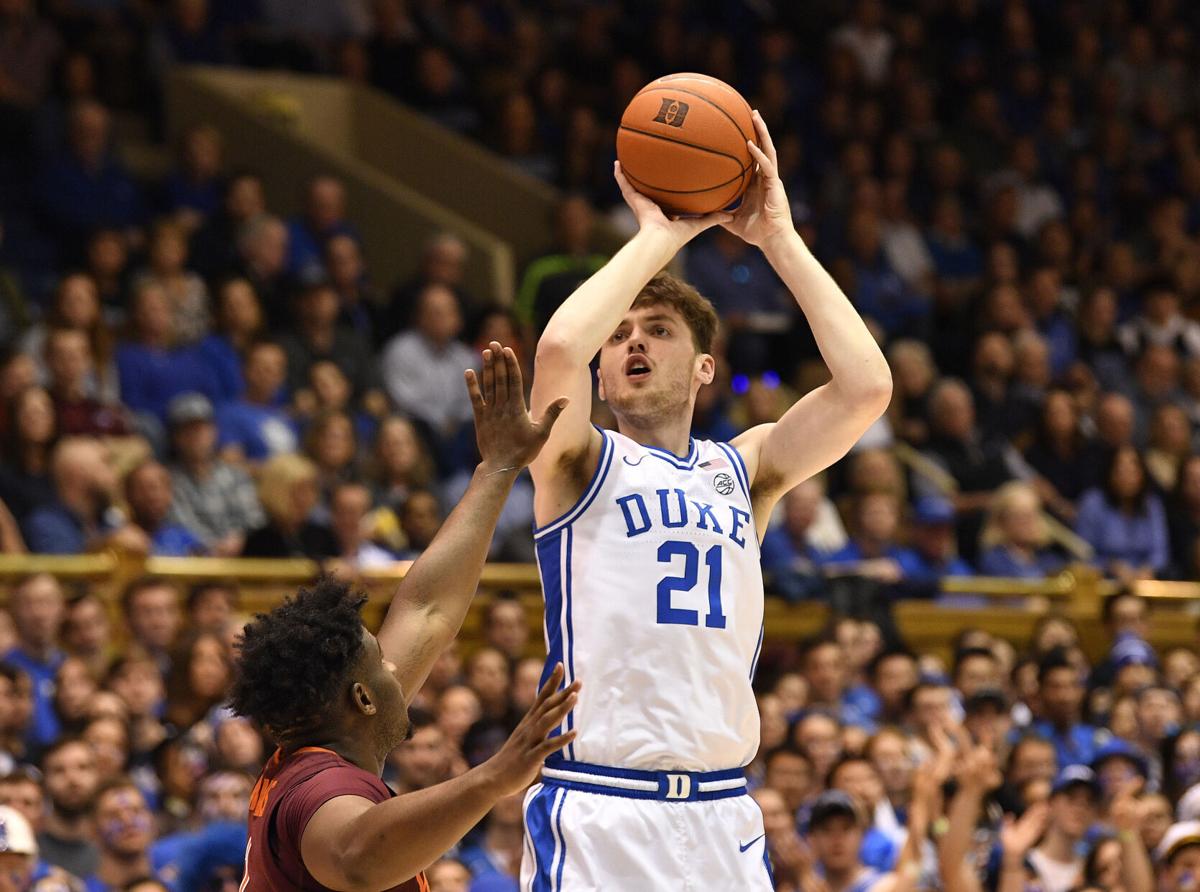 Duke's Matthew Hurt shoots over Virginia Tech's Isaiah Wilkins during action at Cameron Indoor Stadium in Durham, North Carolina, on February 22, 2020.