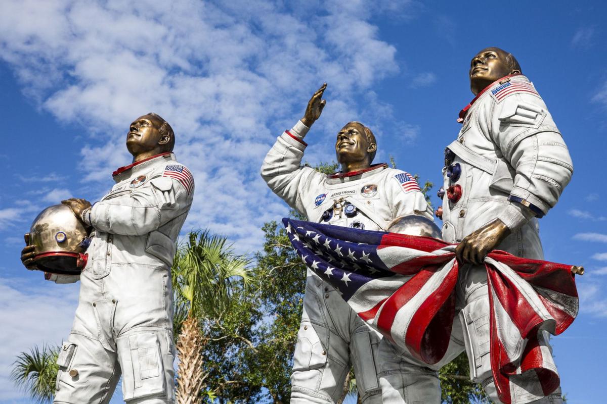 The new Moon Tree Garden features a statue of Apollo 11 astronauts Michael Collins, Neil Armstrong and Buzz Aldrin at Kennedy Space Center Visitor Complex's Apollo/Saturn V Center on Friday, July 12, 2019.
