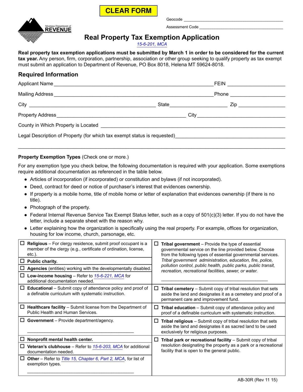 Real Property Tax Exemption Application Form AB30R